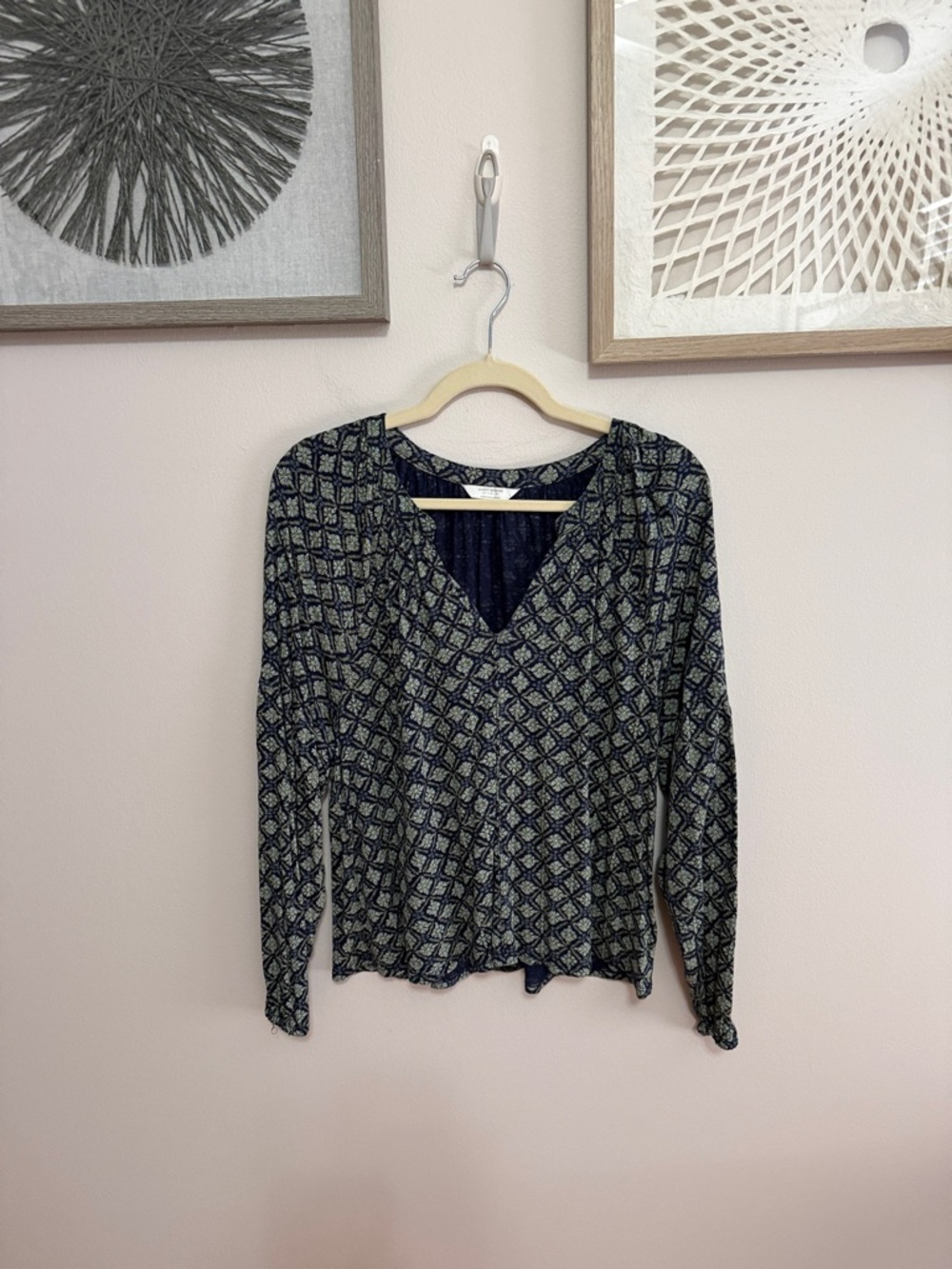 Lucky Brand Navy and Green Geometric V-Neck Long-Sleeve Top